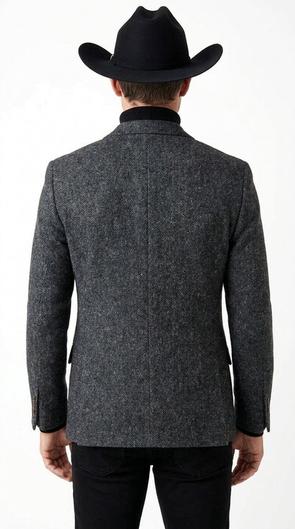 Men’s Charcoal Grey Herringbone Western Winter Blazer – Cowboy Sport Coat Jacket