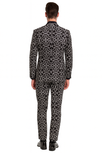 Men’s Black and Silver Sequin Tuxedo – Slim Fit 2-Piece Party and Wedding Suit with Sparkling Design- Black and White Color