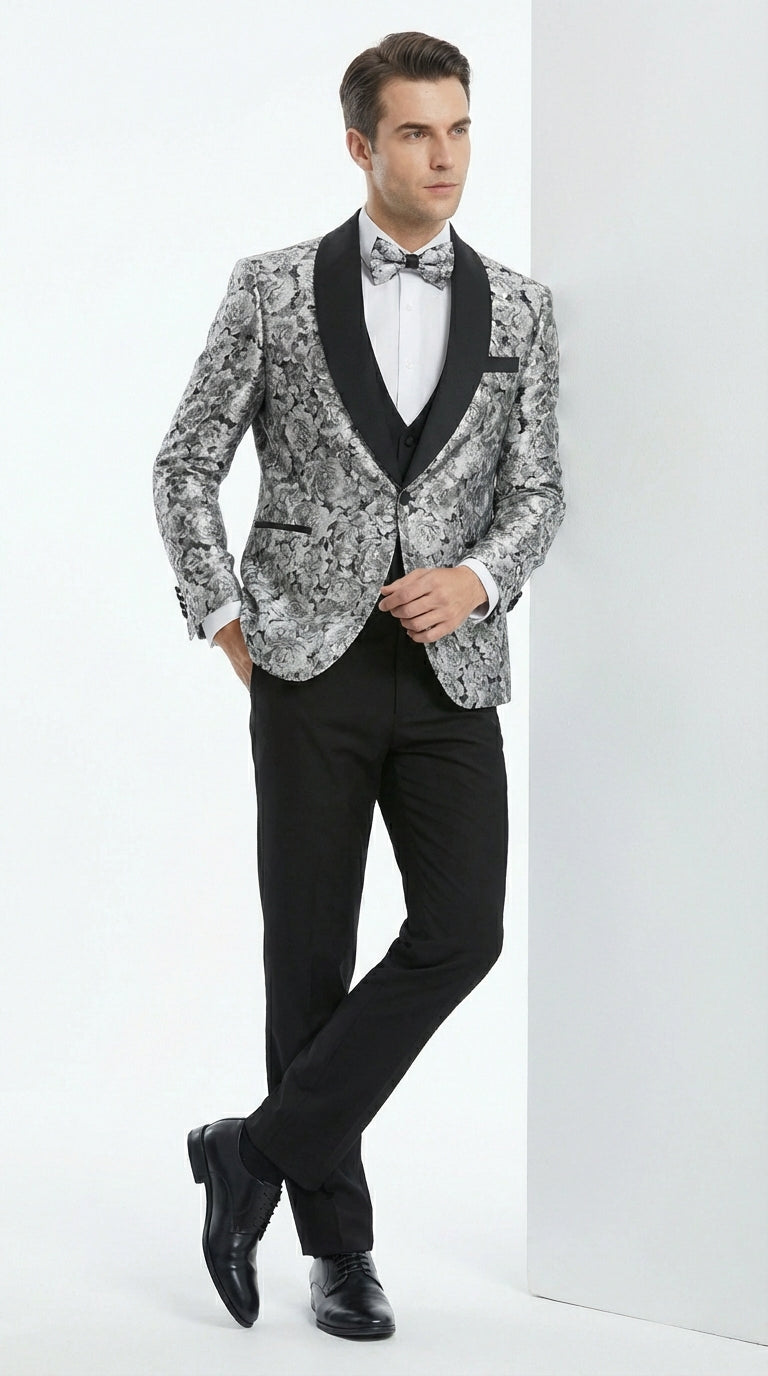 Mens Black and Silver Floral Tuxedo – Luxury Patterned Wedding, Prom and Formal Dinner Tuxedo