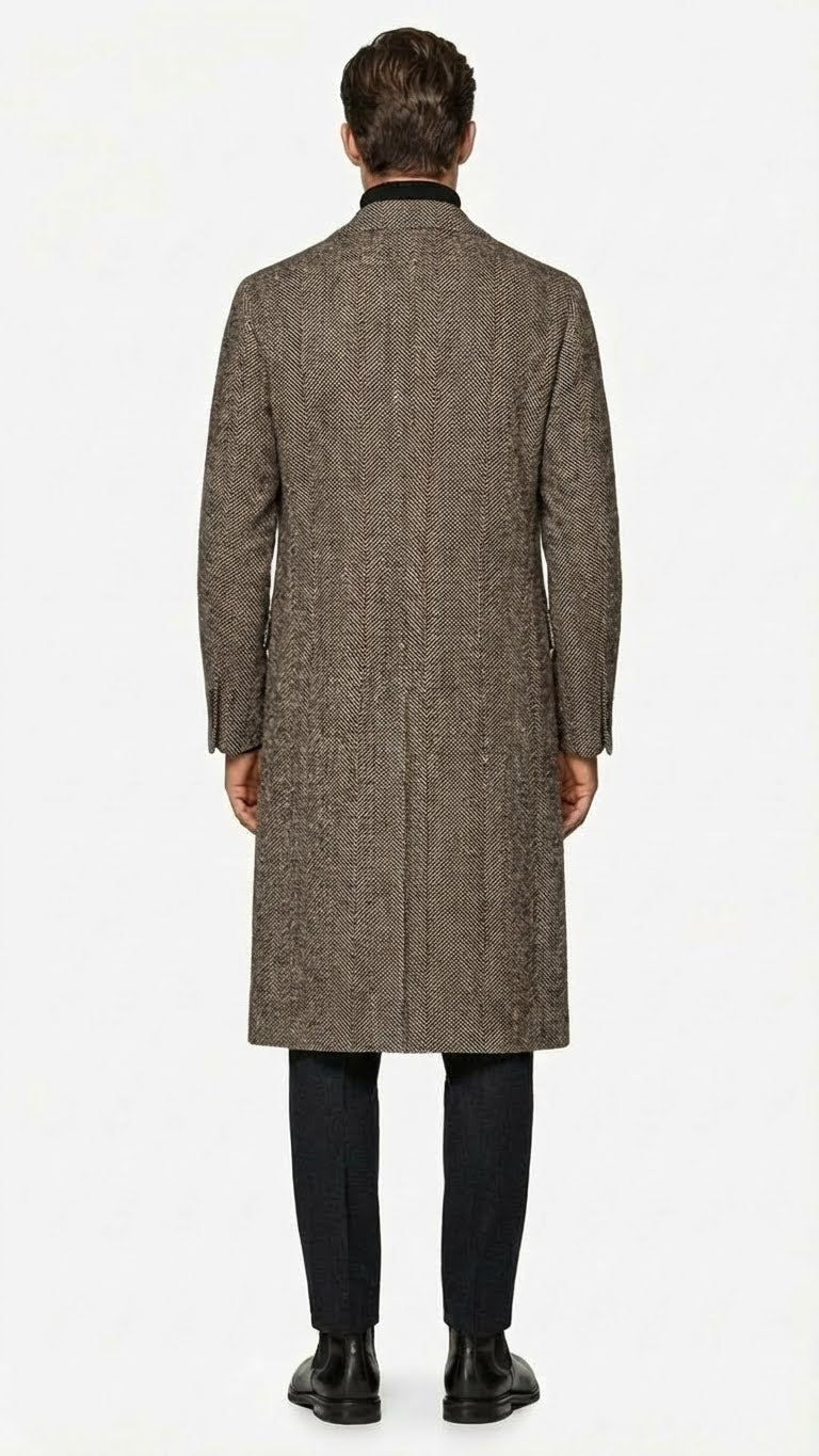 Men’s Black & Grey  Herringbone Tweed Wool Blend Overcoat – Classic Single-Breasted Winter Blazer Carcoat