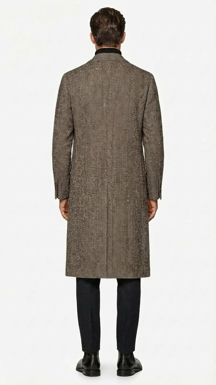 Men’s Black & Grey  Herringbone Tweed Wool Blend Overcoat – Classic Single-Breasted Winter Blazer Carcoat
