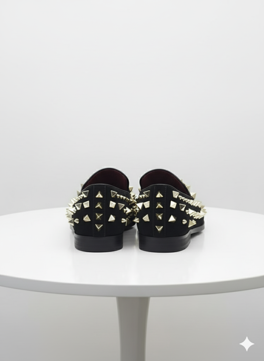 Men’s Studded Velvet Loafers – Designer Party and Prom Dress Shoes with Gold and Silver Spikes