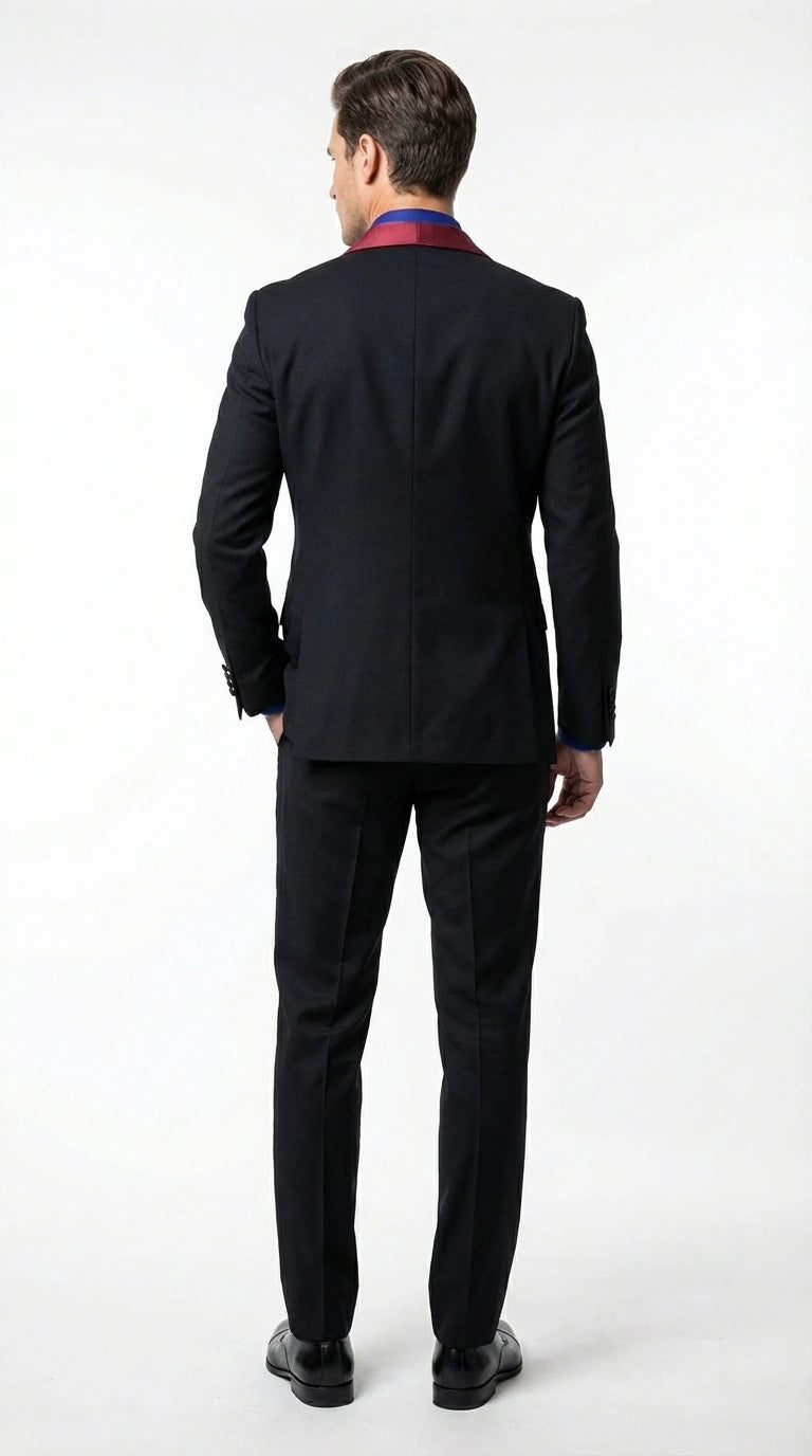 Men’s Black Suit with Burgundy Shawl Lapel –  Formal Tuxedo Suit for Wedding, Prom and Evening Events + Bowtie & Tie