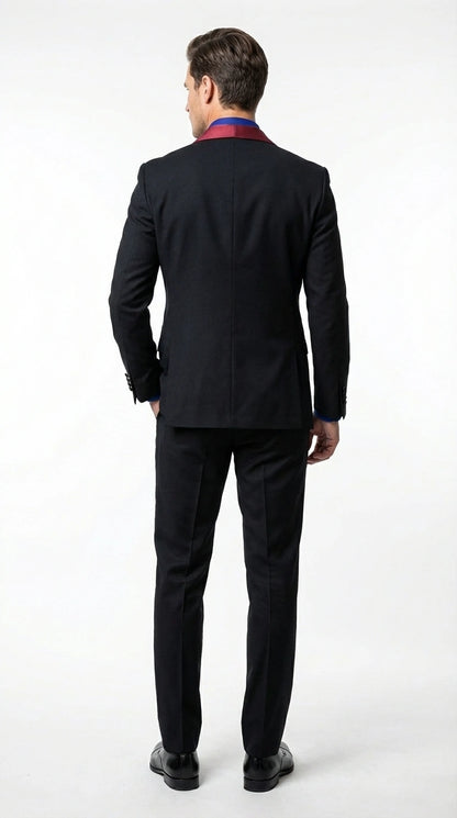 Men’s Black Suit with Burgundy Shawl Lapel –  Formal Tuxedo Suit for Wedding, Prom and Evening Events + Bowtie & Tie