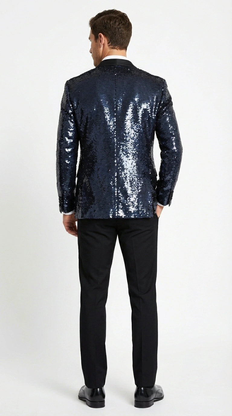 Men’s Navy Sequin Blazer – Navy Blue Sparkle Sequin Formal Blazer with Satin Lapel for Prom, Party and Evening Events