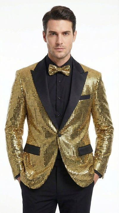 Mens Gold Sequin Blazer with Black Satin Lapel – Gold Formal Party Blazer Jacket for Prom, Wedding and Stage Events