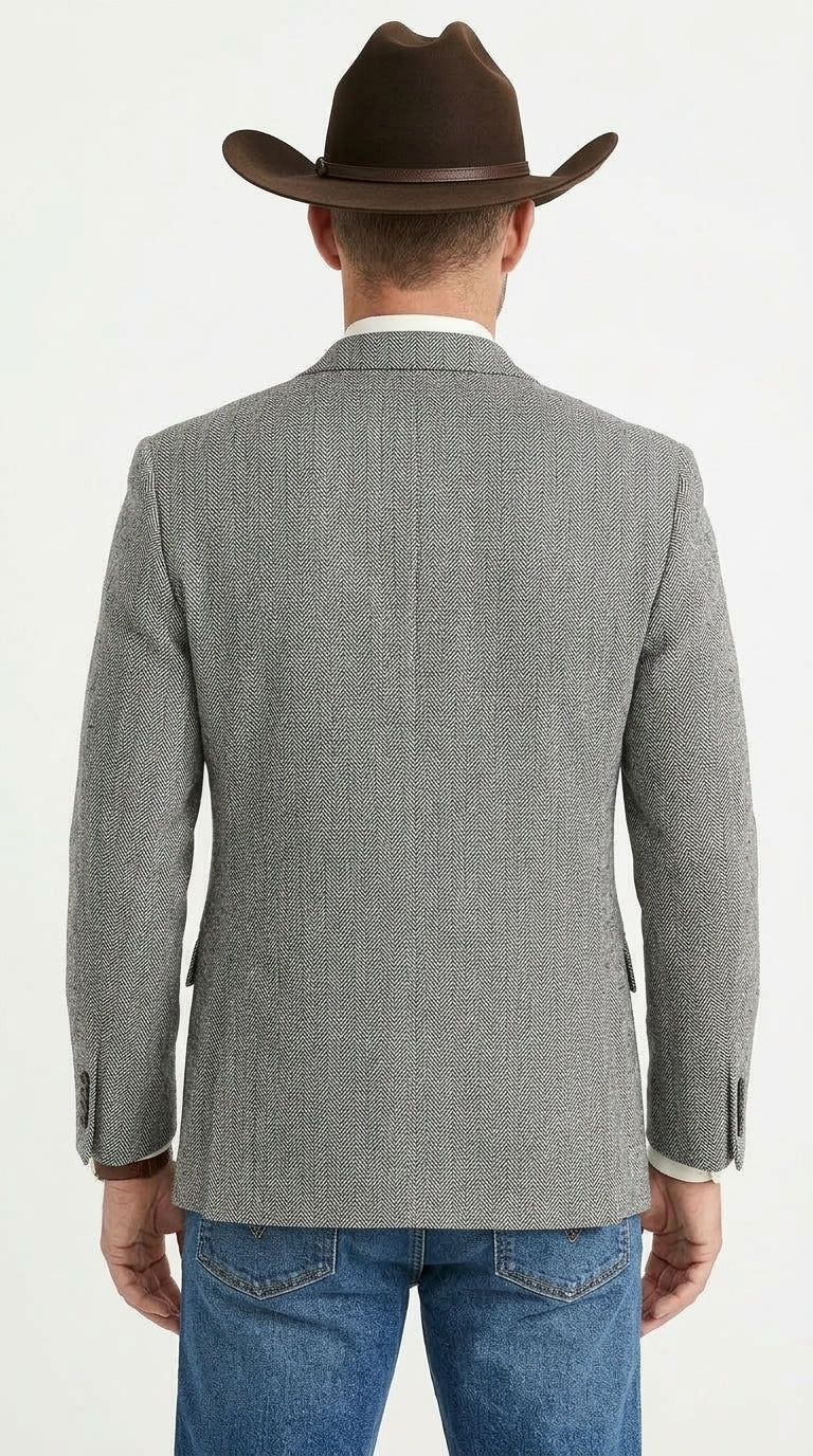 Men’s Light Grey & Black Herringbone Western Blazer – Cowboy Sport Coat Jacket