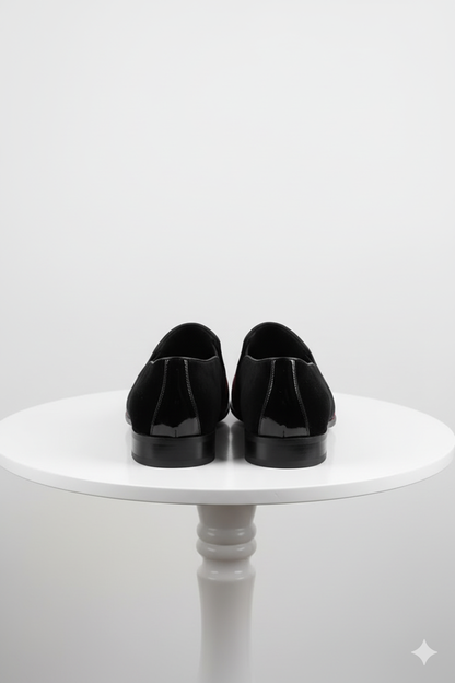 Men’s Red Glitter Tuxedo Loafers – Shiny Slip-On Dress Shoes with Black Patent Toe for Parties and Formal Events