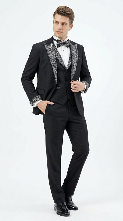 Mens Black and White Lapel Tuxedo Suit – Black Formal Tuxedo with White Pattern Lapel for Wedding, Prom and Evening Events