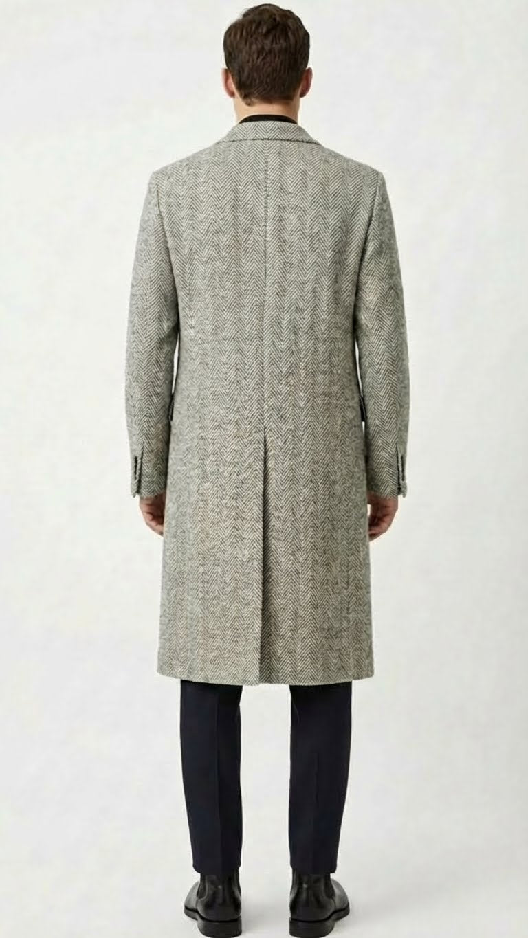 Men’s Grey Herringbone Long Overcoat – Tweed Black and White Pattern Wool Topcoat Three Qaurter