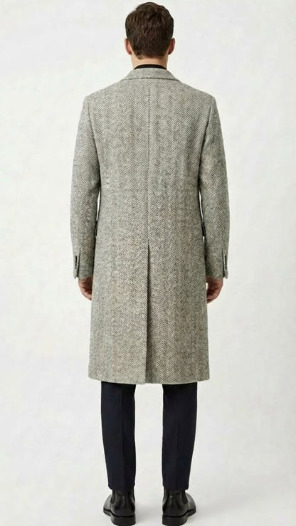 Men’s Grey Herringbone Long Overcoat – Tweed Black and White Pattern Wool Topcoat Three Qaurter
