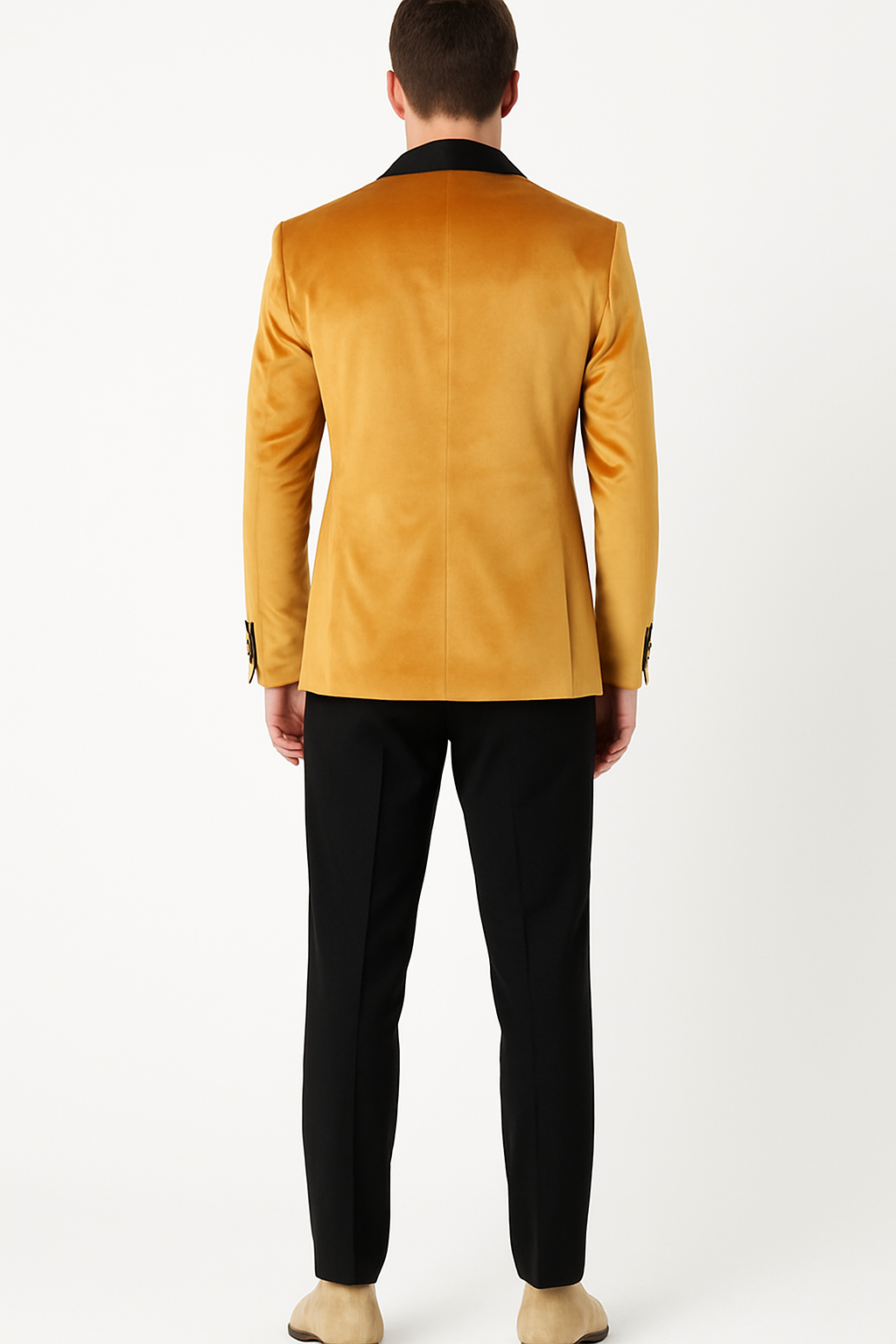 Men’s Mustard Gold Velvet Tuxedo Jacket – Slim Fit Dinner Blazer with Black Satin Shawl Lapel + Free Black Pants & Bowtie