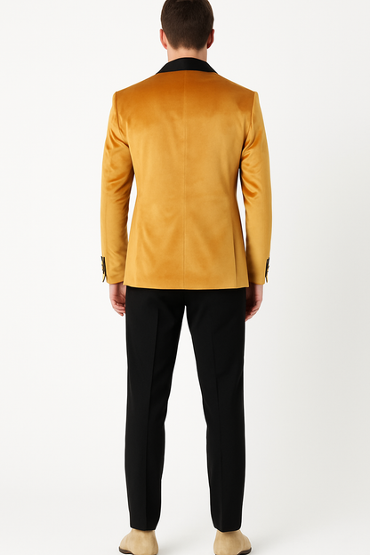 Men’s Mustard Gold Velvet Tuxedo Jacket – Slim Fit Dinner Blazer with Black Satin Shawl Lapel + Free Black Pants & Bowtie