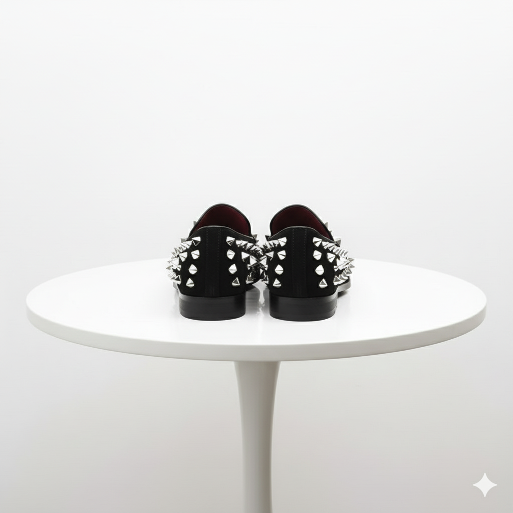 Men’s Black Studded Loafers with Silver Spikes – Luxury Slip-On Dress Shoes for Parties and Formal Events