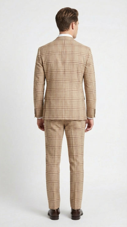 Beige Tan Plaid windowpane Two Piece Suit for Men | Classic Checkered Formal Suit with Jacket and Pants by Rossiman