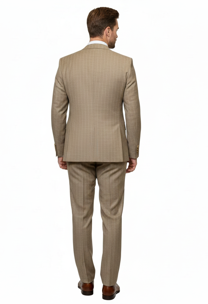 Men’s Beige Pinstripe Three-Piece Suit – Classic Fit Formal Suit with Vest and Flat-Front Pants in Tan Stripe By Rossiman