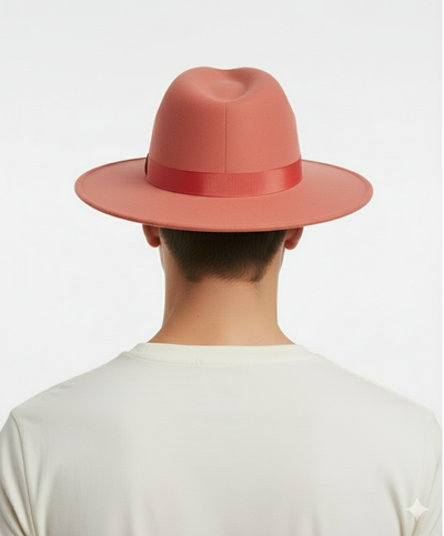 Men’s Coral Pink Wide Brim Fedora Hat – Wool Felt Dress Hat with Red Ribbon Band 2   - from alligatorwarehouse.com