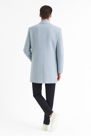 Mens Light Blue Wool Overcoat – Modern Long Coat with Classic Tailored Fit in Sky Blue