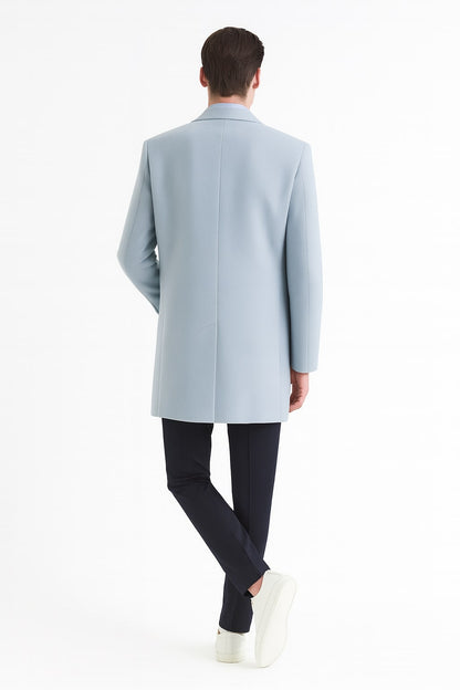 Mens Light Blue Wool Overcoat – Modern Long Coat with Classic Tailored Fit in Sky Blue