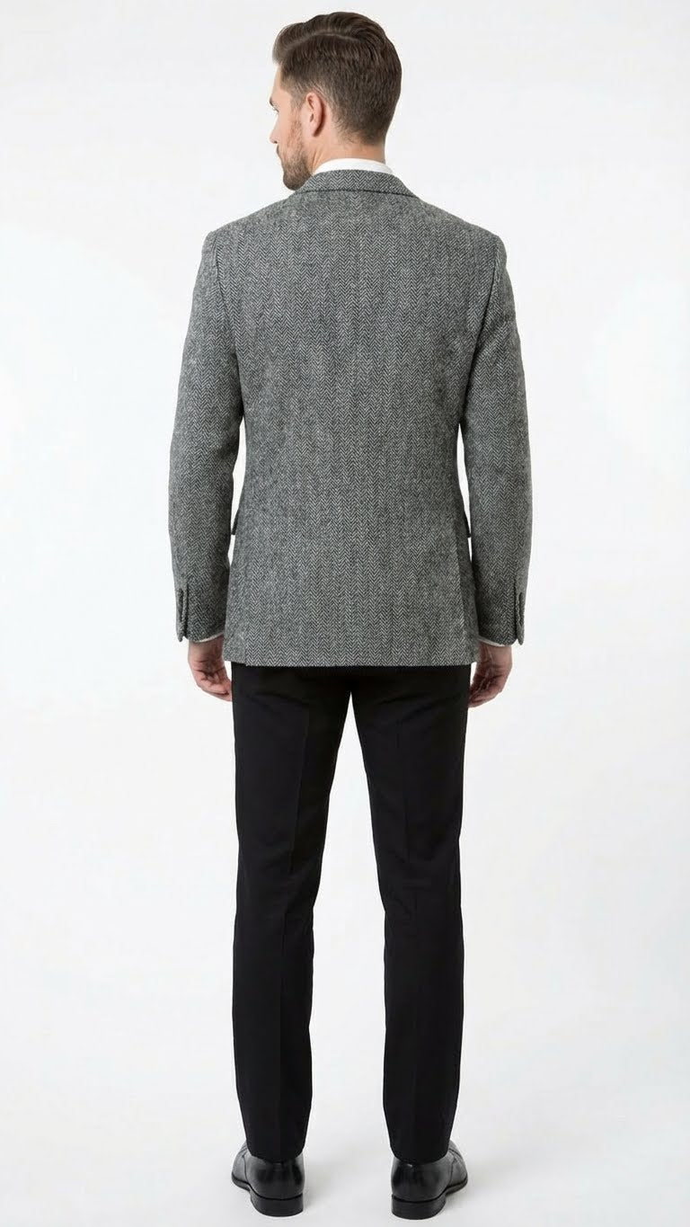 Men’s Grey Harris Tweed Blazer Jacket, Classic Herringbone Wool Sport Coat for Business Casual