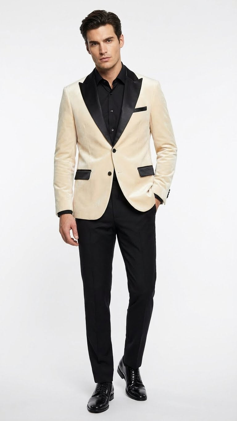 Men’s Ivory Dinner Jacket - Cream Velvet Blazer with Black Satin Lapel | Wedding and Party Formal Sport Coat in off white