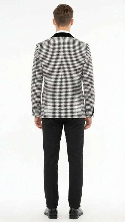 Men’s Black and White Houndstooth Tuxedo Set with Velvet Shawl Lapel | 3-Piece Formal Suit with Double-Breasted Vest