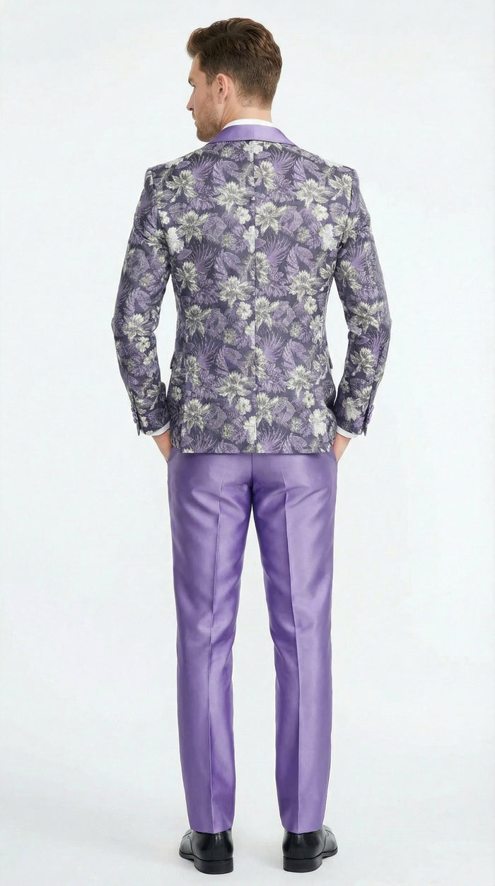 Men’s Purple Floral Prom Suit with Shawl Lapel – Luxury Formal Tuxedo Outfit for Prom, Wedding and Special Events