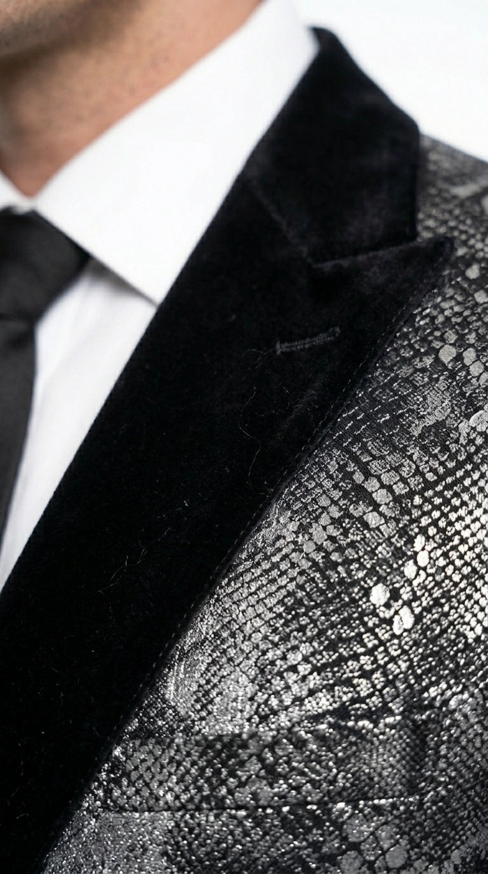 Men’s Black and Charcoal Gray Snakeskin Print Blazer, Animial Exotic Skin Alligator Crocodile Texture