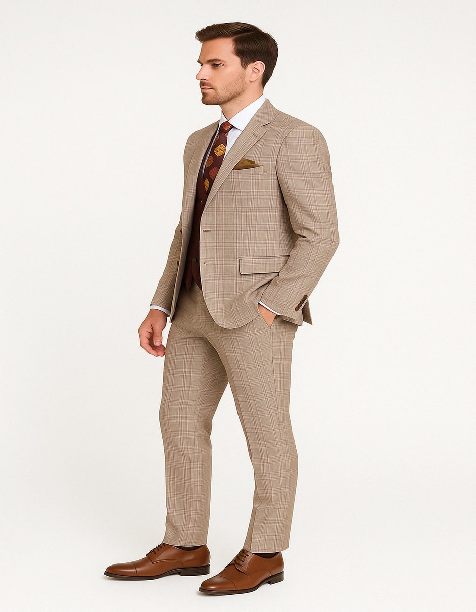 Men's Light Brown Plaid Suit with Burgundy Vest and Colorful Floral Tie ƒ?? 3 Piece Set - Taupe Windowpane Pattern