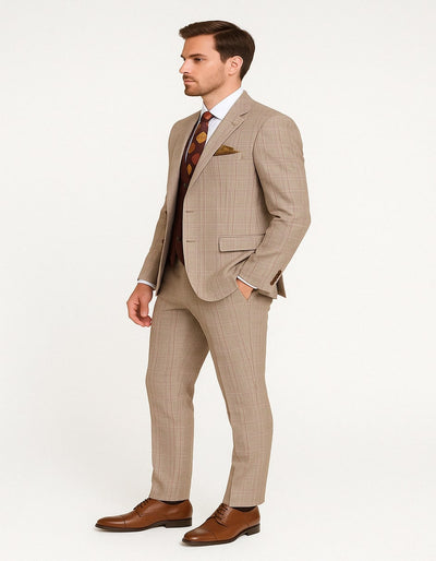 Men's Light Brown Plaid Suit with Burgundy Vest and Colorful Floral Tie ƒ?? 3 Piece Set - Taupe Windowpane Pattern 2   - from alligatorwarehouse.com