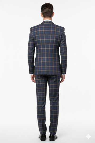 Men’s Navy and Tan Windowpane Double-Breasted Suit | Classic 2-Piece Plaid Dress Suit, Business, and Formal Events By Rossiman 7   - from alligatorwarehouse.com