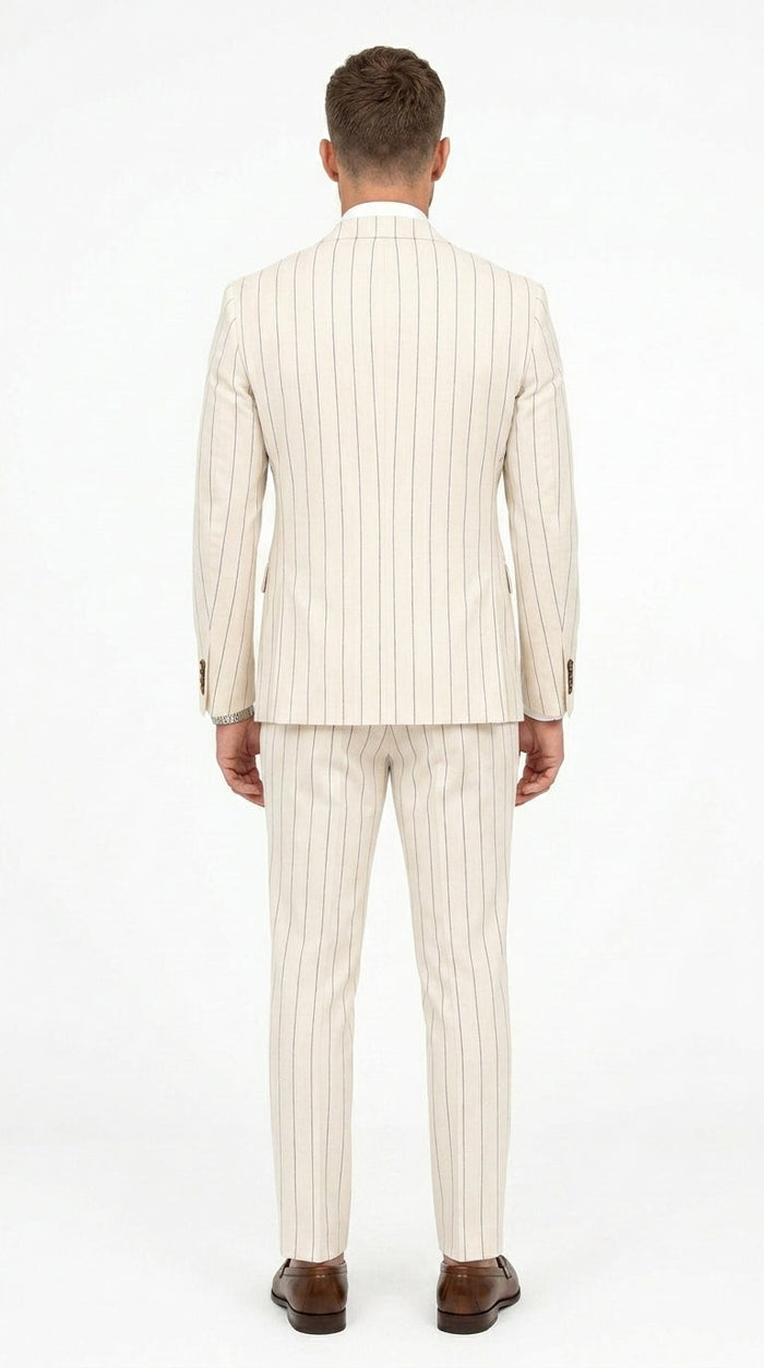 Men’s Cream Off White Pinstripe Pinstripe 2 Piece Double Breasted Suit, Summer Wedding Ivory Color By Vitali