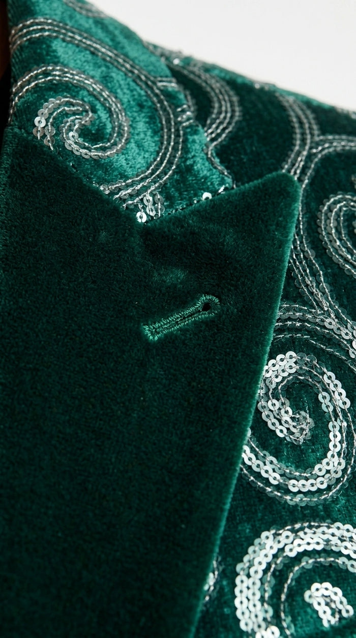 Men’s Emerald Green Paisley Tuxedo Dinner Jacket with Black Lapel, Formal Prom Wedding Party Blazer