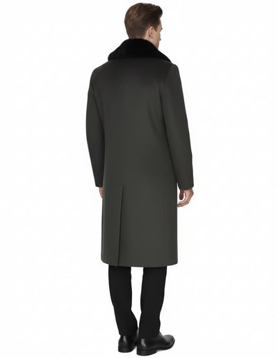 Mens Full Length Olive Overcoat with Black Fur Collar – Luxury Wool Fabric Winter Long Coat in Hunter Green 2   - from alligatorwarehouse.com