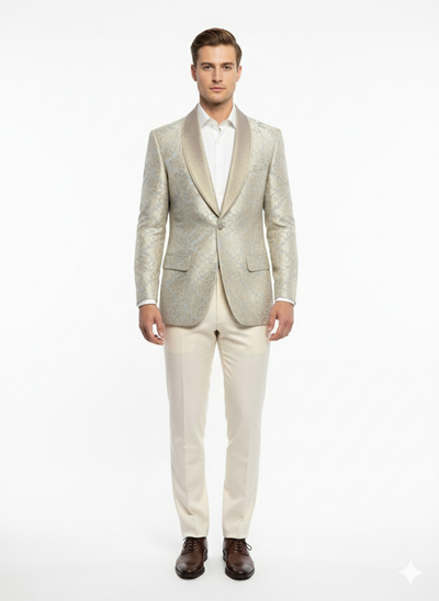 Men’s Champaign Silver and Cream Embroidered Luxury Blazer – Floral Pattern Wedding & Party Dinner Jacket in Light Tan Color 1   - from alligatorwarehouse.com
