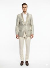 Men’s Champaign Silver and Cream Embroidered Luxury Blazer – Floral Pattern Wedding & Party Dinner Jacket in Light Tan Color
