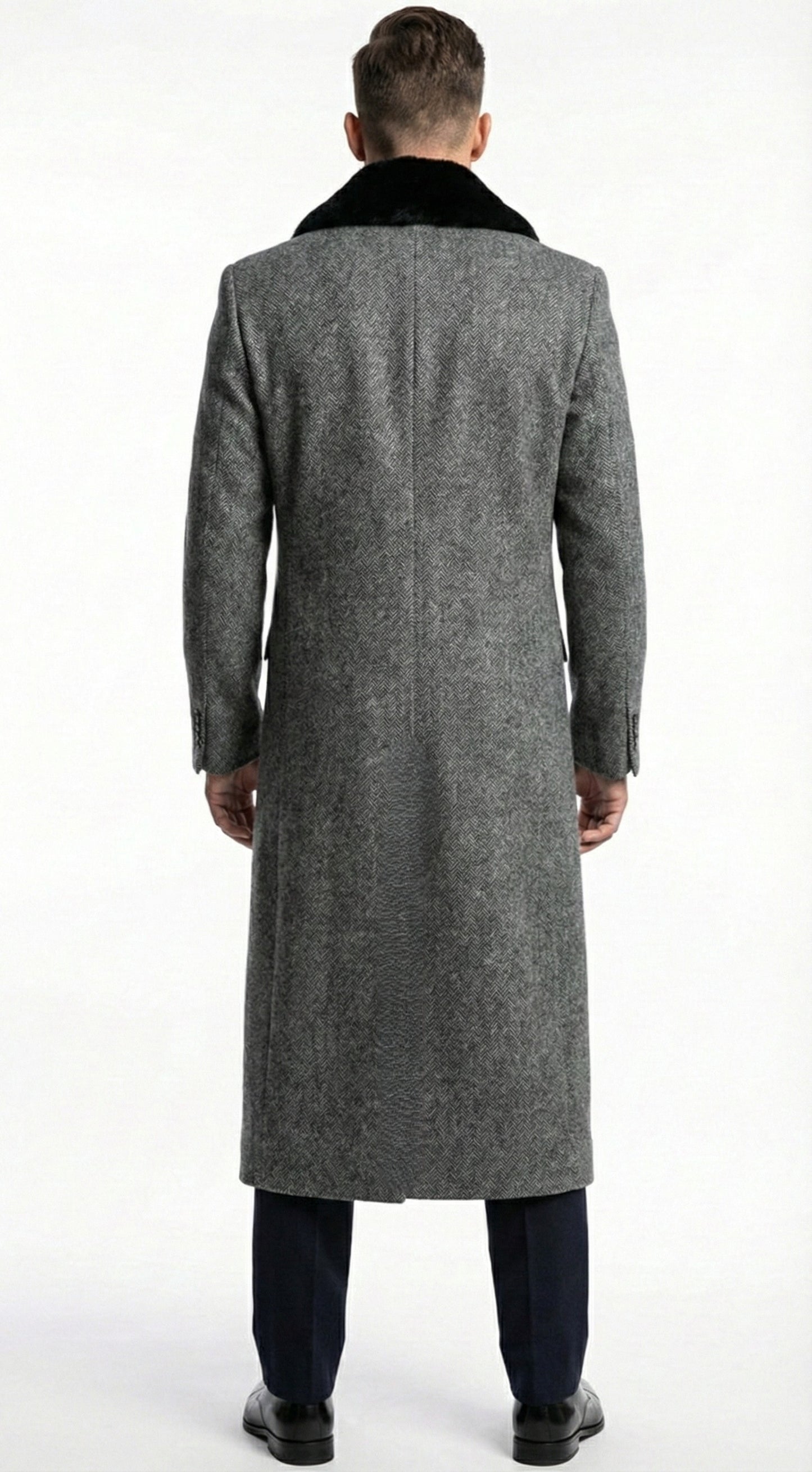 Men's Grey Herringbone Tweed Long Overcoat with Black Faux Fur Collar, Classic Winter Topcoat