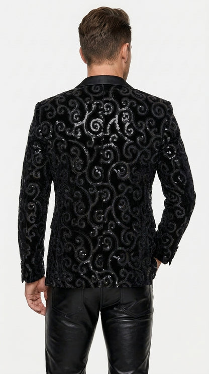 Men’s Black Velvet Sequin Swirl Dinner Jacket – Blazer Paisley Sparkly