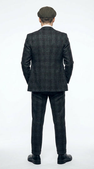 Men's Thomas Shelby Dark Grey Plaid 3-Piece Suit – Peaky Blinders 1920s Vintage Tweed-Style Wedding Suit with Matching Vest & Pants