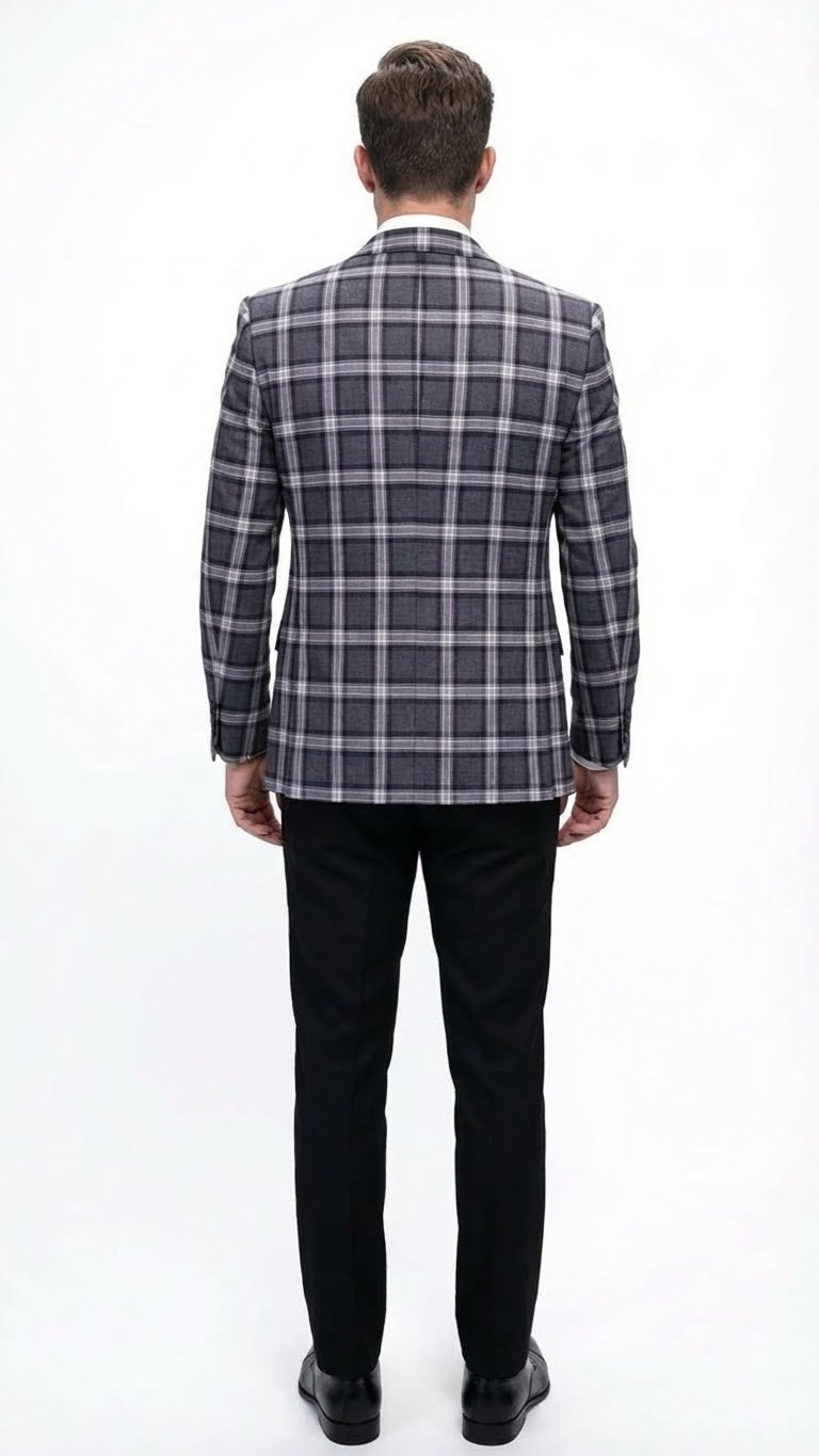 Men’s Big and Tall Charcoal Gray and Black Plaid Blazer – Grey Checker Windowpane Sport Coat
