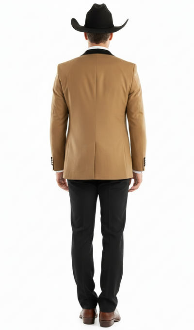 Men’s Western Cowboy Tuxedo – Tan and Black 3-Piece Suit with Satin Lapel and Vest in Mocca Coffee Color 6   - from alligatorwarehouse.com