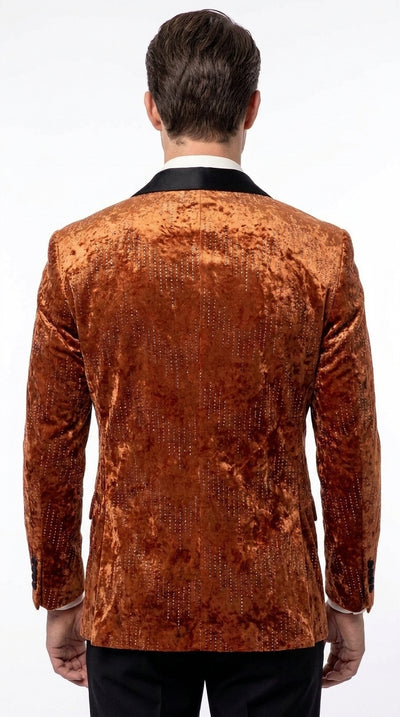 Men’s Burnt Orange Sequin Velvet Blazer – Kingsman Golden Bee Inspired Black Peak Lapel Dinner Jacket