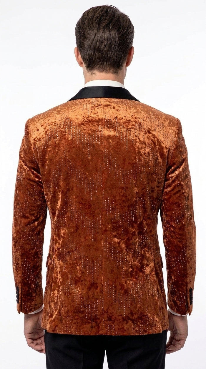 Men’s Burnt Orange Sequin Velvet Blazer – Kingsman Golden Bee Inspired Black Peak Lapel Dinner Jacket
