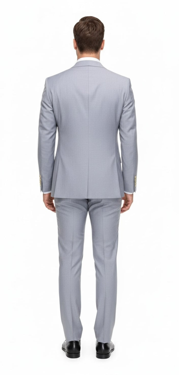 Mens Silver Grey Double-Breasted 3-Piece Suit – Classic Tailored Fit with Peak Lapel and Gold Buttons for Weddings, Church and Formal Events
