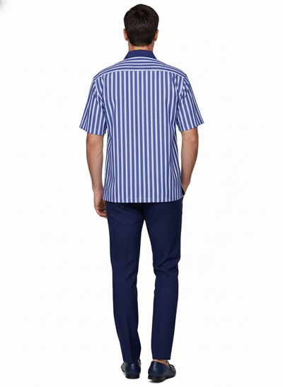 Men’s Blue and White Vertical Stripe Short Sleeve Shirt Set – Casual Summer Two-Piece Outfit 2   - from alligatorwarehouse.com
