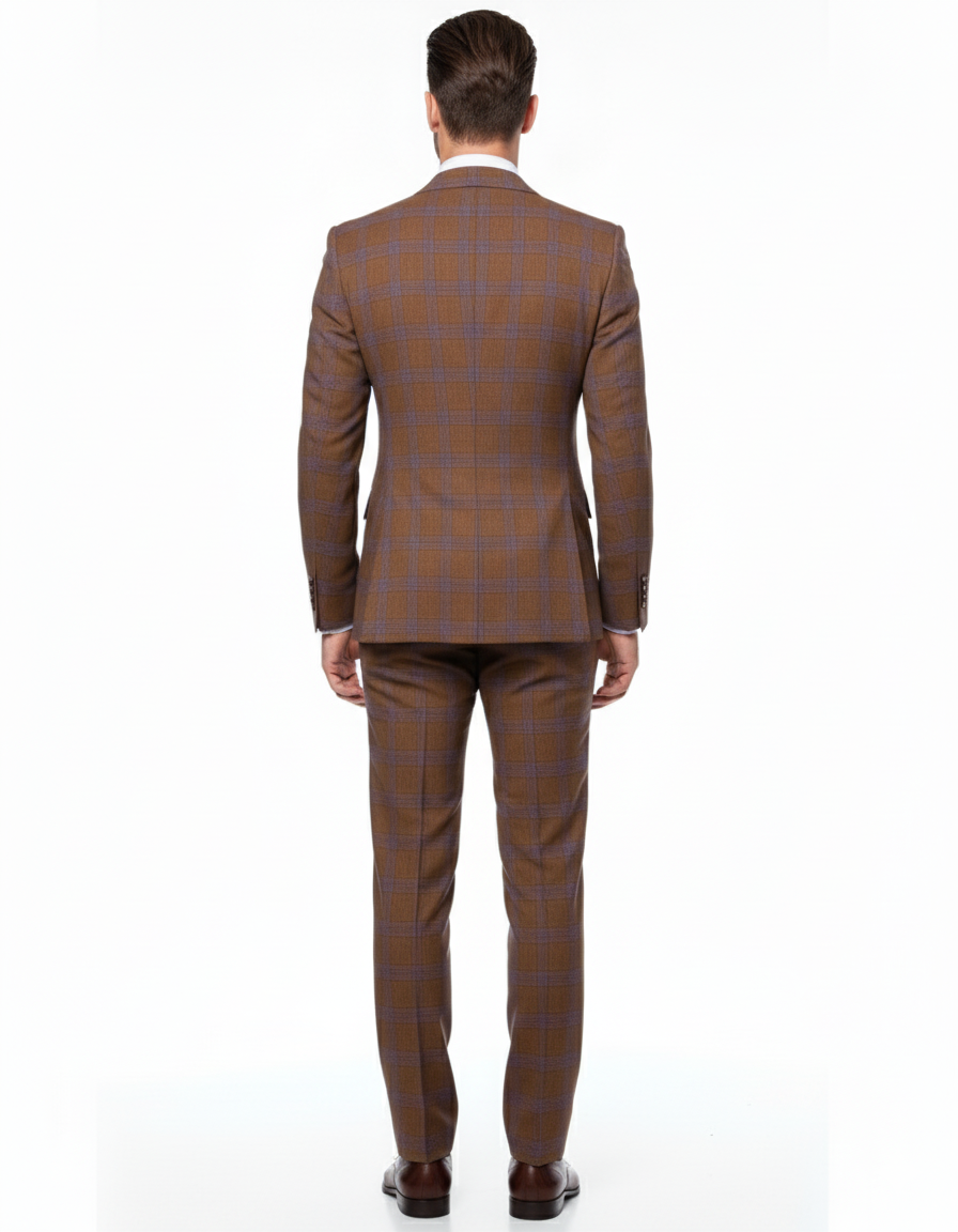Men’s Brown Plaid Double-Breasted Suit – Premium 2-Piece Classic Checkered Windowpane Suit by Rossiman
