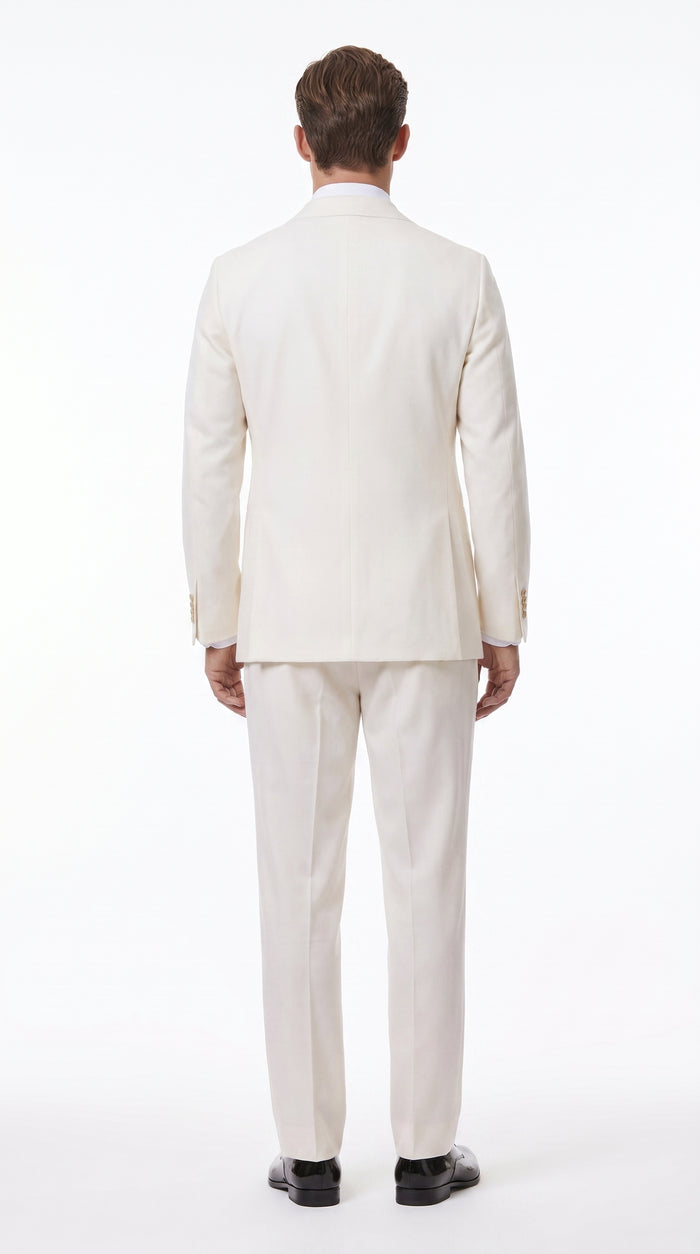 Men’s Ivory Double-Breasted Tuxedo – Gold Button Wedding, Prom and Formal Suit