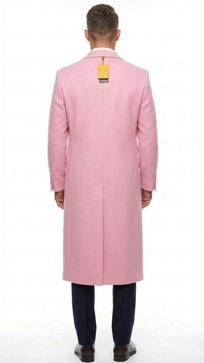 Men’s Pink Wool Blend Long Overcoat – Slim Fit Tailored Winter Coat - Carcoat - Topcoat