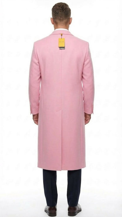Men’s Pink Wool Blend Long Overcoat – Slim Fit Tailored Winter Coat - Carcoat - Topcoat