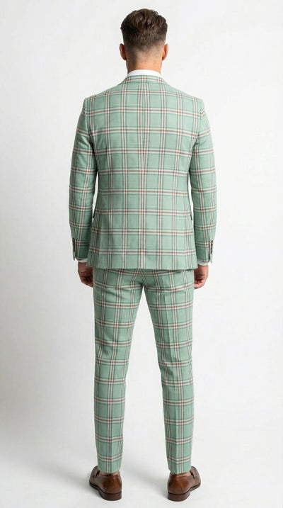 Mint Green Plaid Three Piece Suit for Men | Classic Checkered Formal Suit with Jacket Vest and Pants By Rossiman